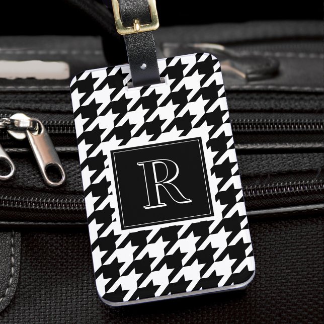 Etiqueta Para Maletas Monogram Houndstooth Pattern Black & White (Monogram Houndstooth Pattern Black & White Luggage Tag
)
