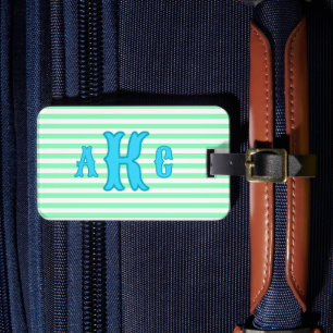 Etiqueta Para Maletas Monograma a rayas azul verde personalizado Preppy