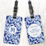 Etiqueta Para Maletas Monograma azul de la acuarela de mariposa<br><div class="desc">Pintura de mariposa color azul y blanco índigo para hacer que tus bolsos de viaje destaquen de la multitud. Arte original de Nic Squirrell. Cambie la información inicial del monograma y de contacto en la parte posterior para personalizarla.</div>