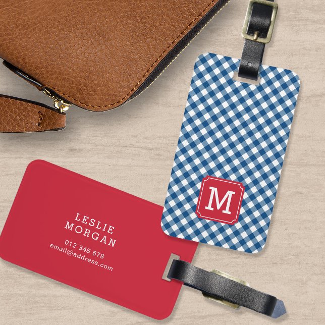 Etiqueta Para Maletas Monograma azul Gingham y rojo (Subido por el creador)