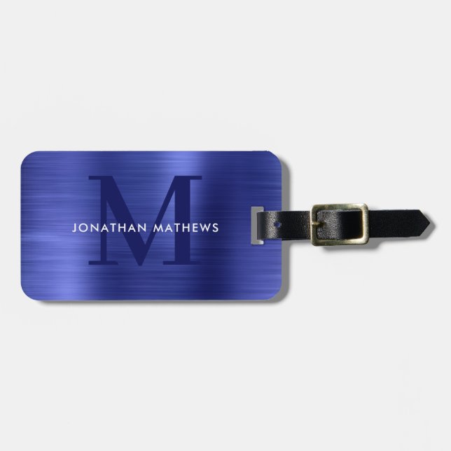 Etiqueta Para Maletas Monograma azul metálico cepillado moderno (Frente Horizontal)