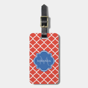Etiqueta Para Maletas Monograma azul trendy y quatrefoil rojo