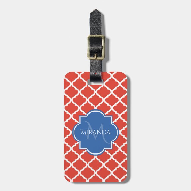 Etiqueta Para Maletas Monograma azul trendy y quatrefoil rojo (Frente Vertical)