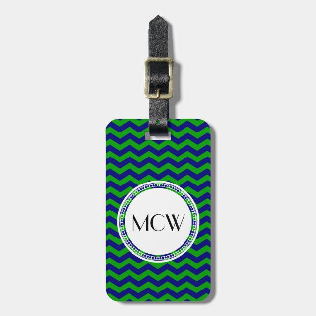 Etiqueta Para Maletas Monograma azul y verde Chevron Personalizado (Frente Vertical)