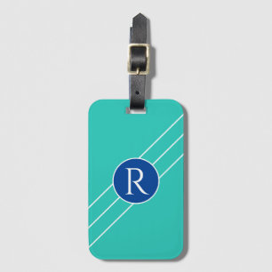 Etiqueta Para Maletas Monograma blanco en círculo azul, líneas diagonale