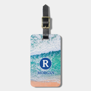 Etiqueta Para Maletas Monograma blanco y nombre azul, olas de playa, inf
