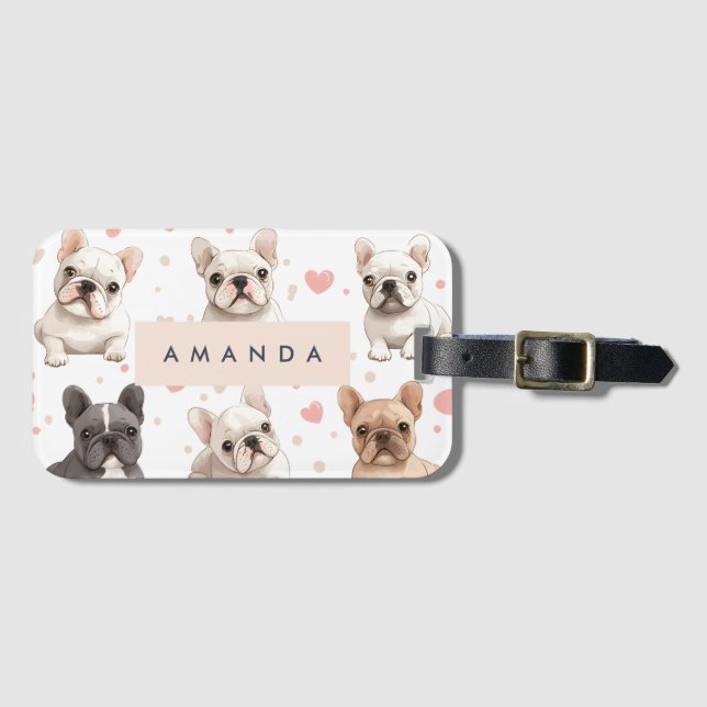Etiqueta Para Maletas Monograma Bulldog francés adorable personalizado (Anverso horizontal)