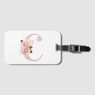 Etiqueta Para Maletas Monograma C floral con brillo dorado rosa pálido f