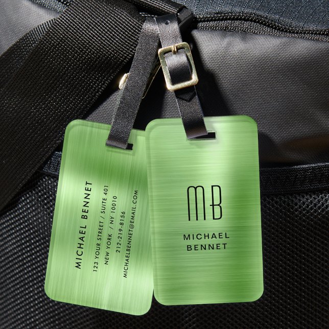 Etiqueta Para Maletas Monograma cepillado verde Metalizado (Monogram Green Brushed Metal Luggage Tag)
