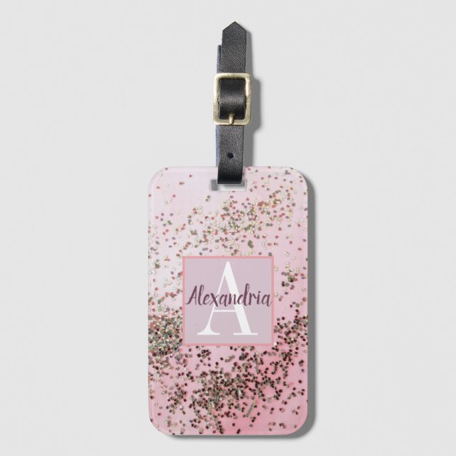 Etiqueta Para Maletas Monograma Champagne Confetti Rosa   (Anverso vertical)