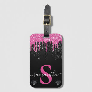 Etiqueta Para Maletas Monograma con Glitter Goteante Rosa Fucsia y Negro