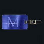 Etiqueta Para Maletas Monograma con guion Metalizado con crujido azul de<br><div class="desc">Etiqueta de la bolsa Metalizado de un monograma con pincel azul de la marina</div>