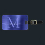 Etiqueta Para Maletas Monograma con guion Metalizado con crujido azul de<br><div class="desc">Etiqueta de la bolsa Metalizado de un monograma con pincel azul de la marina</div>