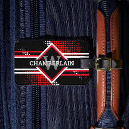 Etiqueta Para Maletas Monograma con líneas dobles en blanco rojo y negro