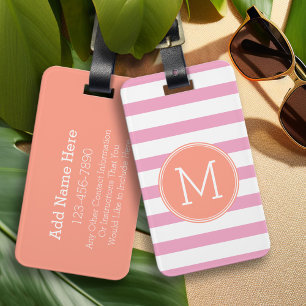 Etiqueta Para Maletas Monograma coral de patrón rayado rosa y blanco