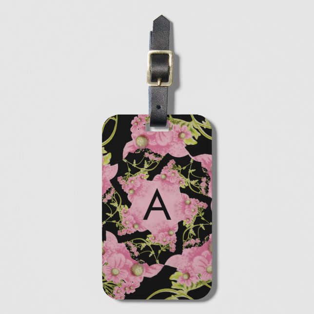 Etiqueta Para Maletas Monograma de Achillea rosa y negro (Anverso vertical)