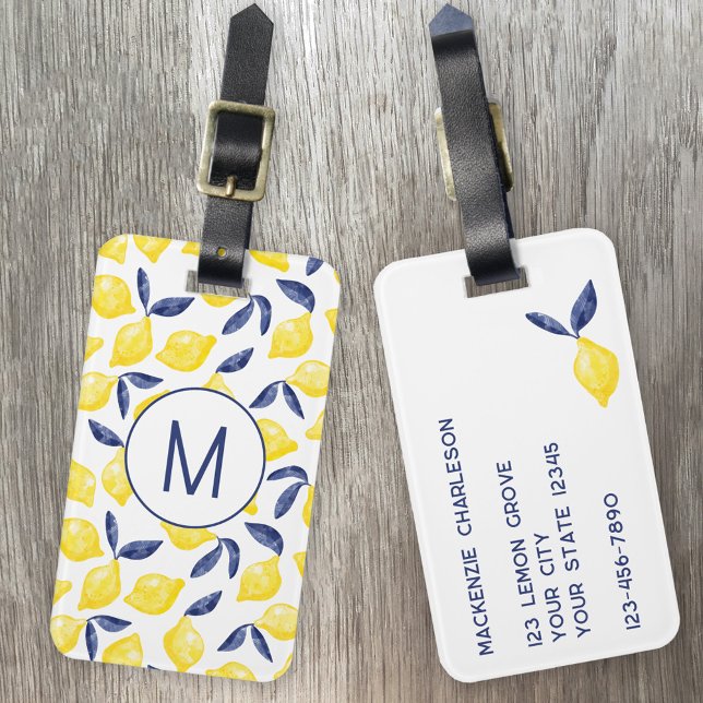 Etiqueta Para Maletas Monograma de acuarela de cítricos limón personaliz (Monogram initial personalized watercolor lemon citrus Mediterranean luggage tag)