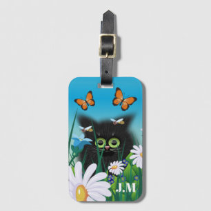 Etiqueta Para Maletas Monograma de arte de gatito negro y maricas