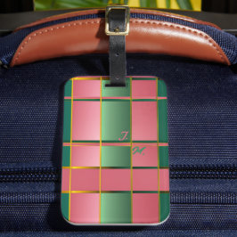 Etiqueta Para Maletas Monograma de Bloques de Color Rosa y Verde Elegant