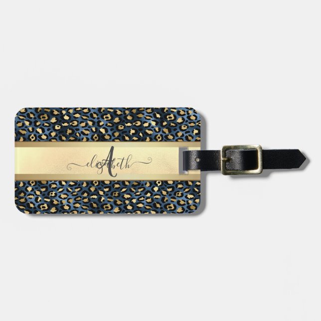 Etiqueta Para Maletas Monograma de bronce negro patrón leopardo (Frente Horizontal)