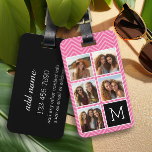 Etiqueta Para Maletas Monograma de Collage de fotos Black Pink 5