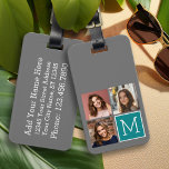 Etiqueta Para Maletas Monograma de Collage de fotos gris y Verde azulado<br><div class="desc">Utiliza 3 fotos cuadradas para crear un regalo único y personal. O puedes mantener al cachorro hipster y hacer un keepsake de moda. Si necesita ajustar las imágenes,  haga clic en la herramienta personalizar para realizar cambios.</div>