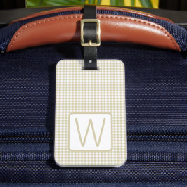 Etiqueta Para Maletas Monograma de Cuadros de Gingham Beige y Blanco