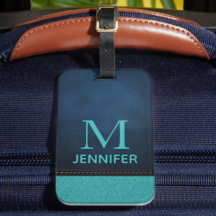 Etiqueta Para Maletas Monograma de cuero falso azul personalizado