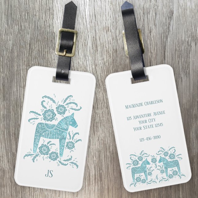 Etiqueta Para Maletas Monograma de dala sueca (Teal green Swedish Dala Horse personalized luggage tag)