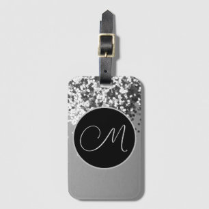 Etiqueta Para Maletas Monograma de divertida SIlver Black Confetti