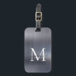 Etiqueta Para Maletas Monograma de escritura Metalizado cepillado de gri<br><div class="desc">Etiqueta de bolsa Metalizado monograma con guion gris plateado moderno</div>