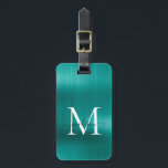 Etiqueta Para Maletas Monograma de escritura Metalizado cepillado verde<br><div class="desc">Moderno Aqua Verde azulado Verde Cepillado de Relieve metalizado Metalizado Guión Monograma Etiqueta de bolsa mate</div>