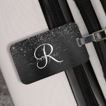 Etiqueta Para Maletas Monograma de espuma de Purpurina negro personaliza<br><div class="desc">Personaliza fácilmente este diseño de moda y elegante de etiquetas para maletas con un purpurina brillante negro de bonito sobre un fondo metálico negro cepillado.</div>