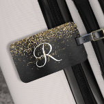 Etiqueta Para Maletas Monograma de espuma negra Purpurina de oro persona<br><div class="desc">Personaliza fácilmente este diseño elegante y de moda de etiquetas para maletas con un purpurina brillante de bonito dorado sobre un fondo metálico negro cepillado.</div>