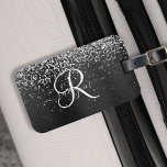Etiqueta Para Maletas Monograma de espuma negra Purpurina plateado perso<br><div class="desc">Personaliza fácilmente este diseño elegante y de moda de etiquetas para maletas con un purpurina brillante de plata de bonito sobre un fondo metálico negro cepillado.</div>