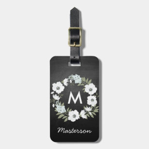 Etiqueta Para Maletas Monograma de flor rugoso negro y blanco