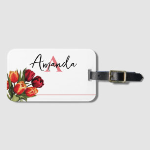 Etiqueta Para Maletas Monograma de floral de tulipano amarillo y rojo ve