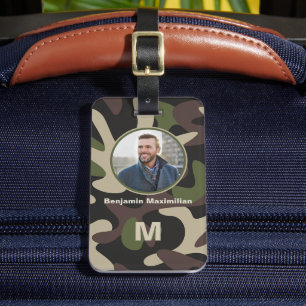 Etiqueta Para Maletas Monograma de foto verde de camuflaje militar marró