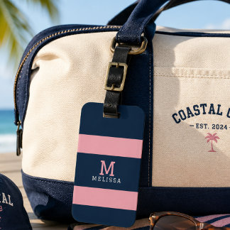 Etiqueta Para Maletas Monograma de franja costera rosa moderna navy