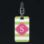 Etiqueta Para Maletas Monograma de franjas verdes y rosas<br><div class="desc">La etiqueta de equipaje de diseño elegante y estilizado presenta un patrón de franjas tiernas y puede personalizarse con sus iniciales,  nombre e información de monograma.</div>