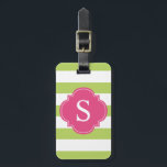 Etiqueta Para Maletas Monograma de franjas verdes y rosas<br><div class="desc">La etiqueta de equipaje de diseño elegante y estilizado presenta un patrón de franjas tiernas y puede personalizarse con sus iniciales,  nombre e información de monograma.</div>