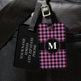 Etiqueta Para Maletas Monograma de Gingham Rosa Moderno