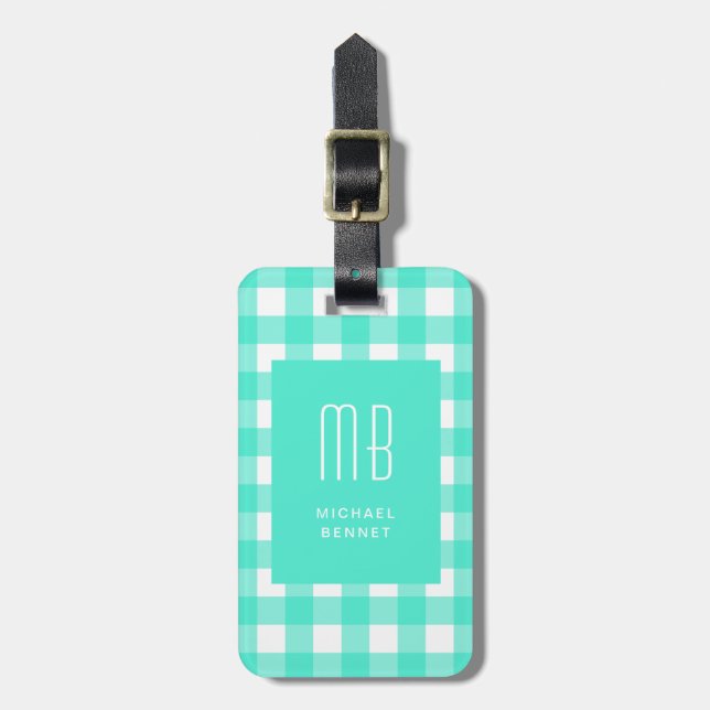 Etiqueta Para Maletas Monograma de Gingham Verde Elegante (Frente Vertical)