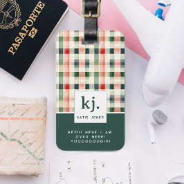 Etiqueta Para Maletas Monograma de Gingham Verde Suave