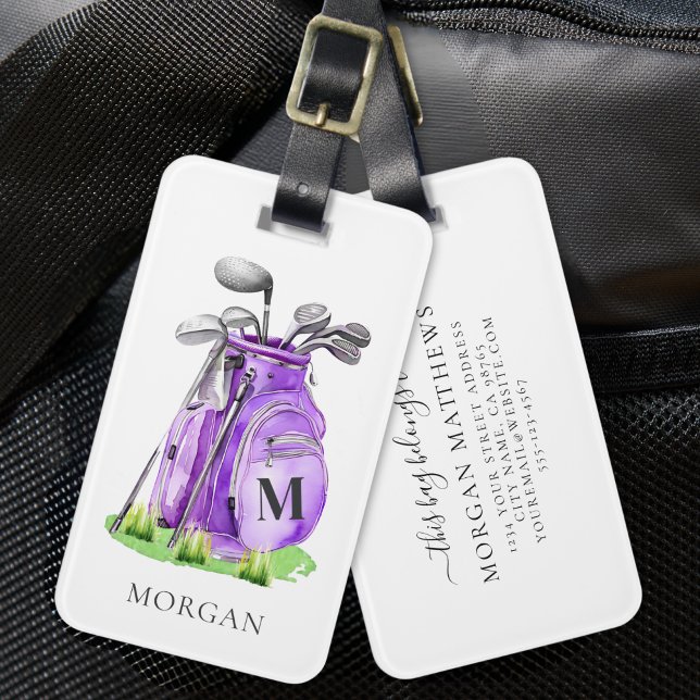 Etiqueta Para Maletas Monograma de Golf Morado (Purple Golfer Monogram Luggage Tag)