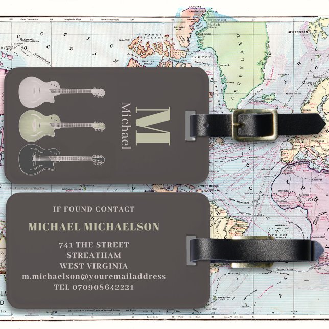 Etiqueta Para Maletas Monograma de guitarra eléctrica (Electric guitar gray monogram custom travel luggage tag for guitarist musician )