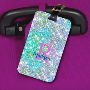 Etiqueta Para Maletas Monograma de imitación azul azul de unicornio cutá