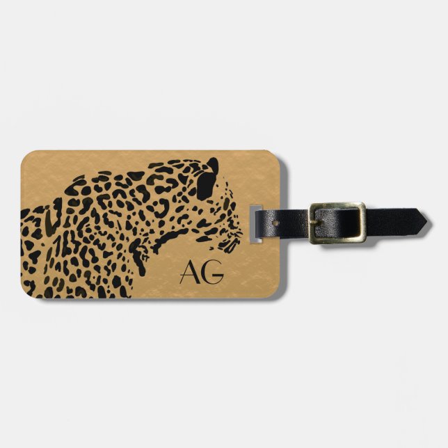 Etiqueta Para Maletas Monograma de Jaguar negro y dorado (Frente Horizontal)
