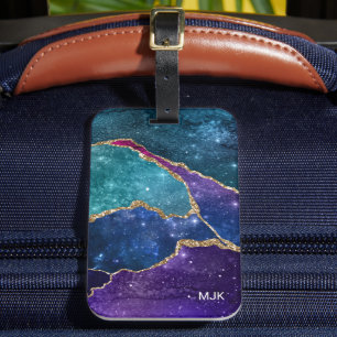 Etiqueta Para Maletas Monograma de las venas de oro azul morado Aqua