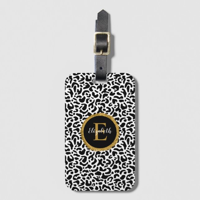 Etiqueta Para Maletas Monograma de Leopardo de Oro Negro (Anverso vertical)